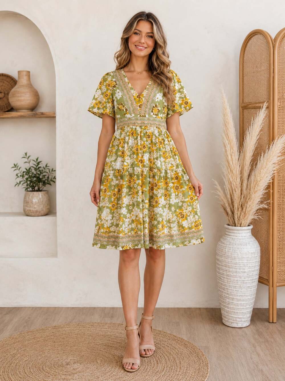 Polagram Boho Floral V-Neck Tiered Mini Dress Sage Green Yellow Small